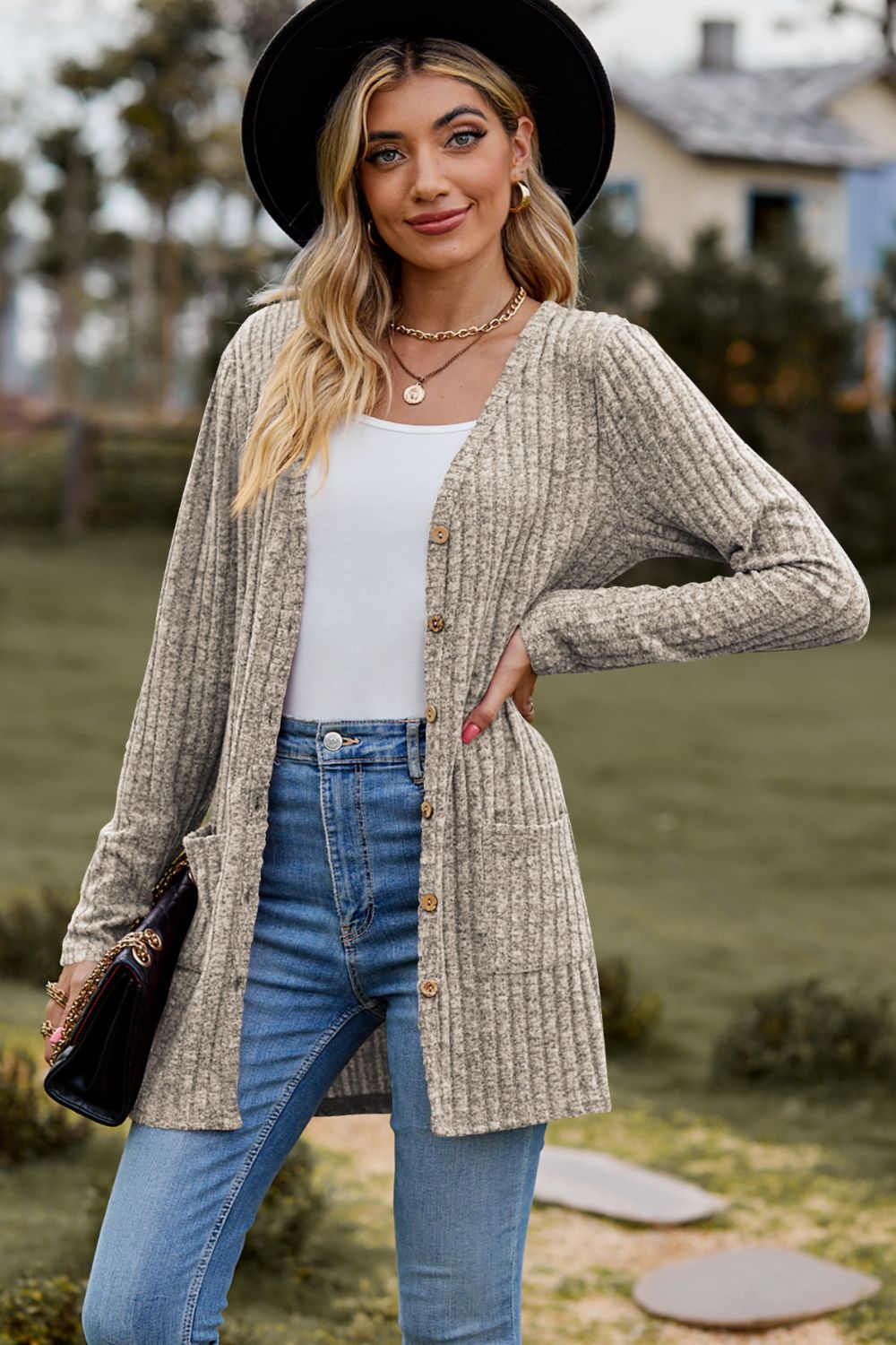Women’s Ribbed Button-UP Cardigan with Pockets