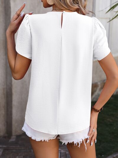 Women’s Ruched Round Neck Petal Sleeve Blouse