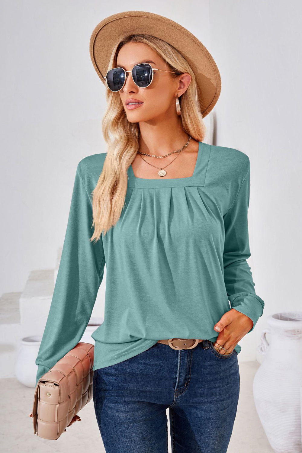 Women’s Square Neck Ruched Long Sleeve Blouse