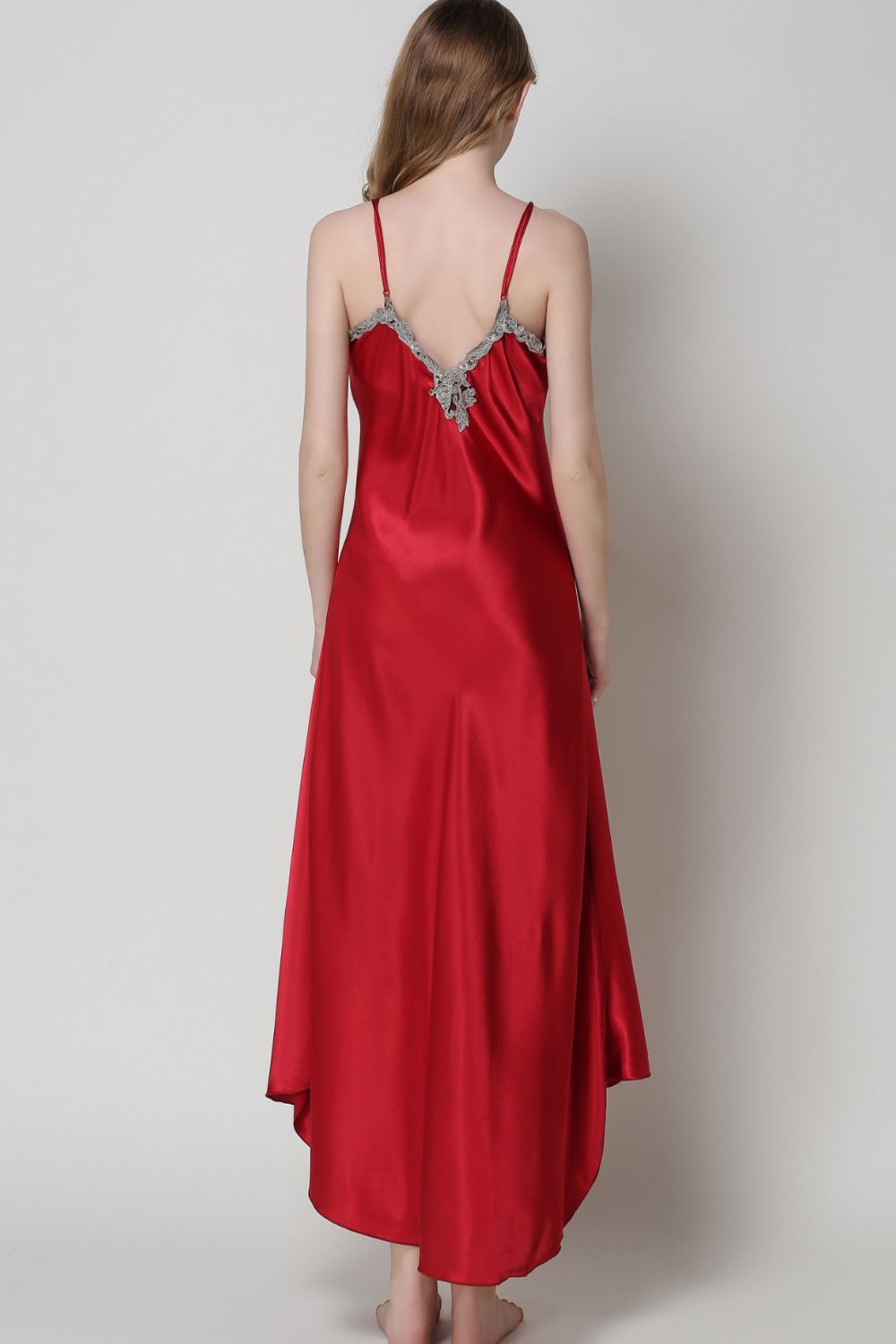 Women’s Full Size Lace Trim V-Neck Spaghetti Strap Satin Night Dress