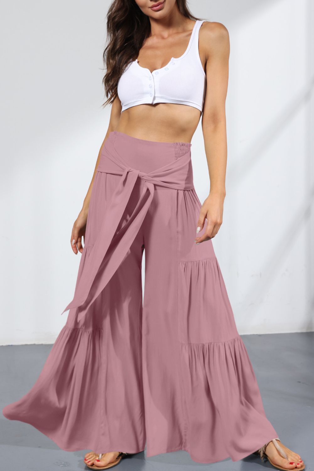 Women’s Tie Front Smocked Tiered Culottes