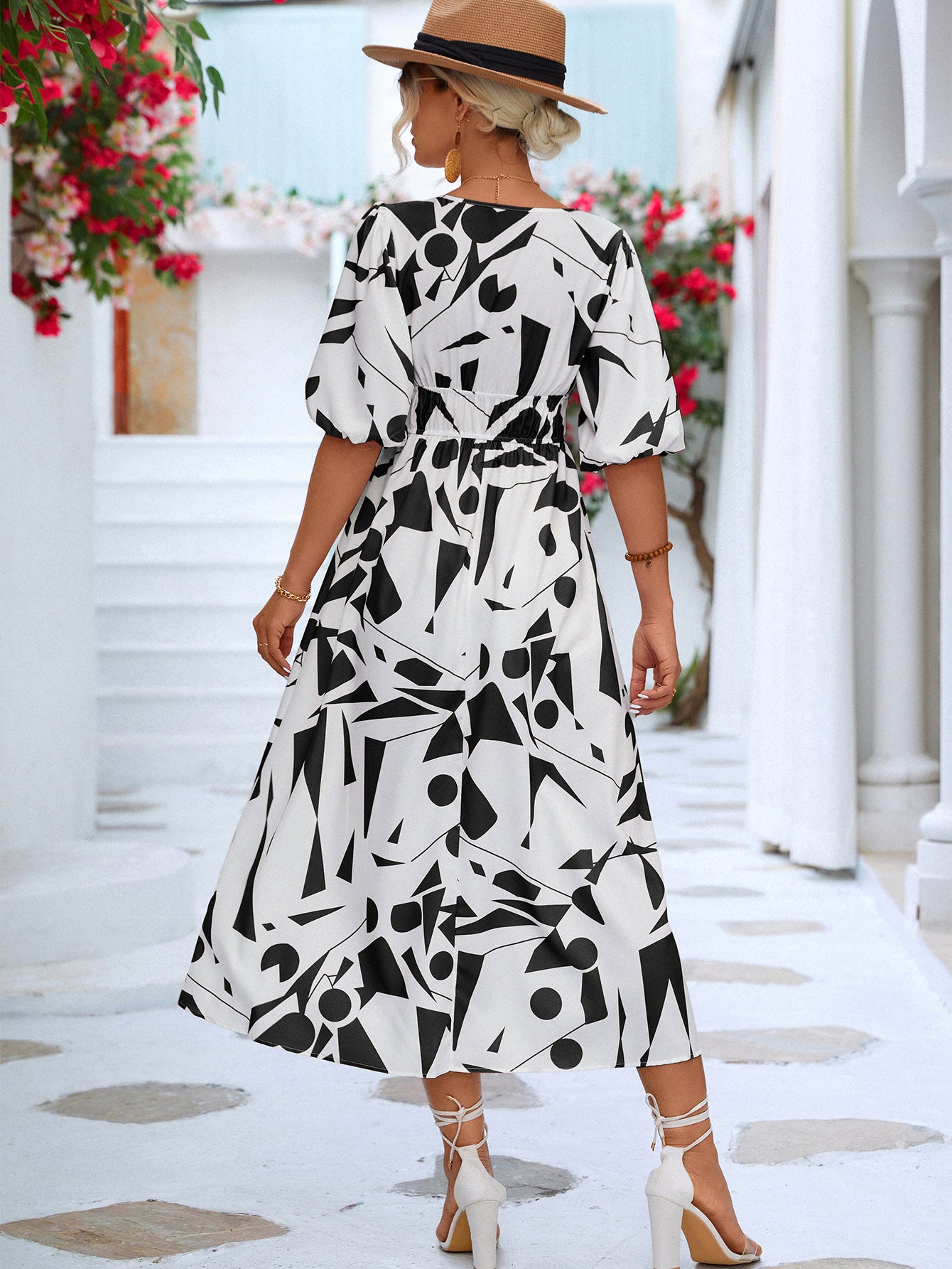 Women’s Printed Surplice Balloon Sleeve Dress