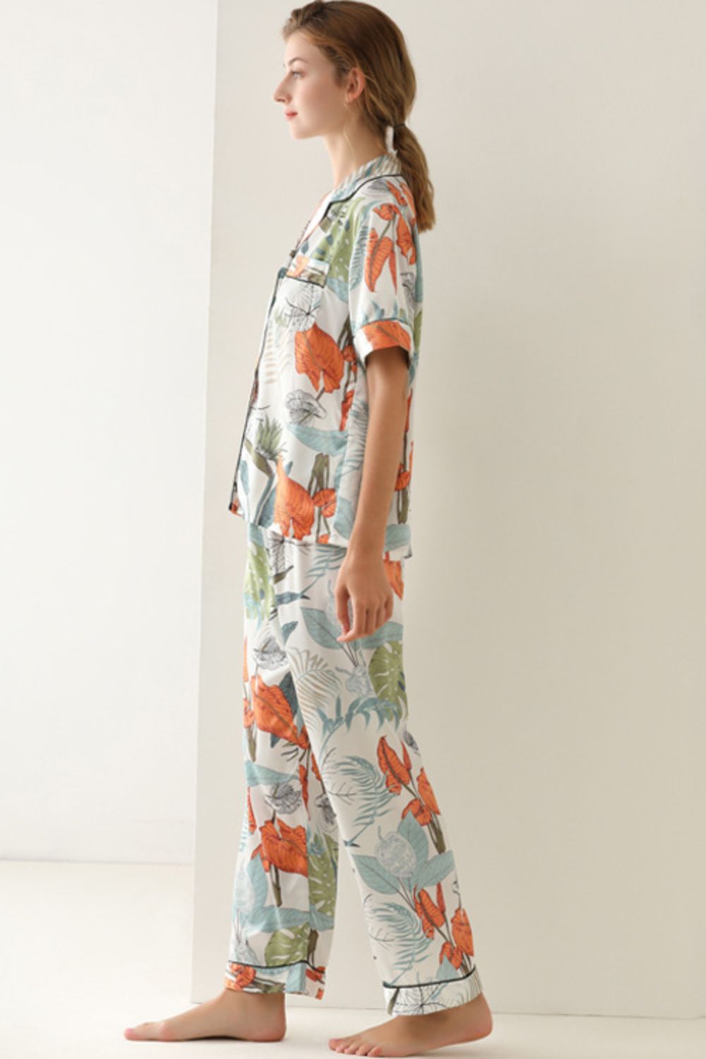 Women’s Botanical Print Button-Up Top and Pants Pajama Set