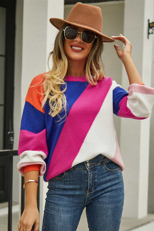 Women’s Color Block Round Neck Long Sleeve Sweater