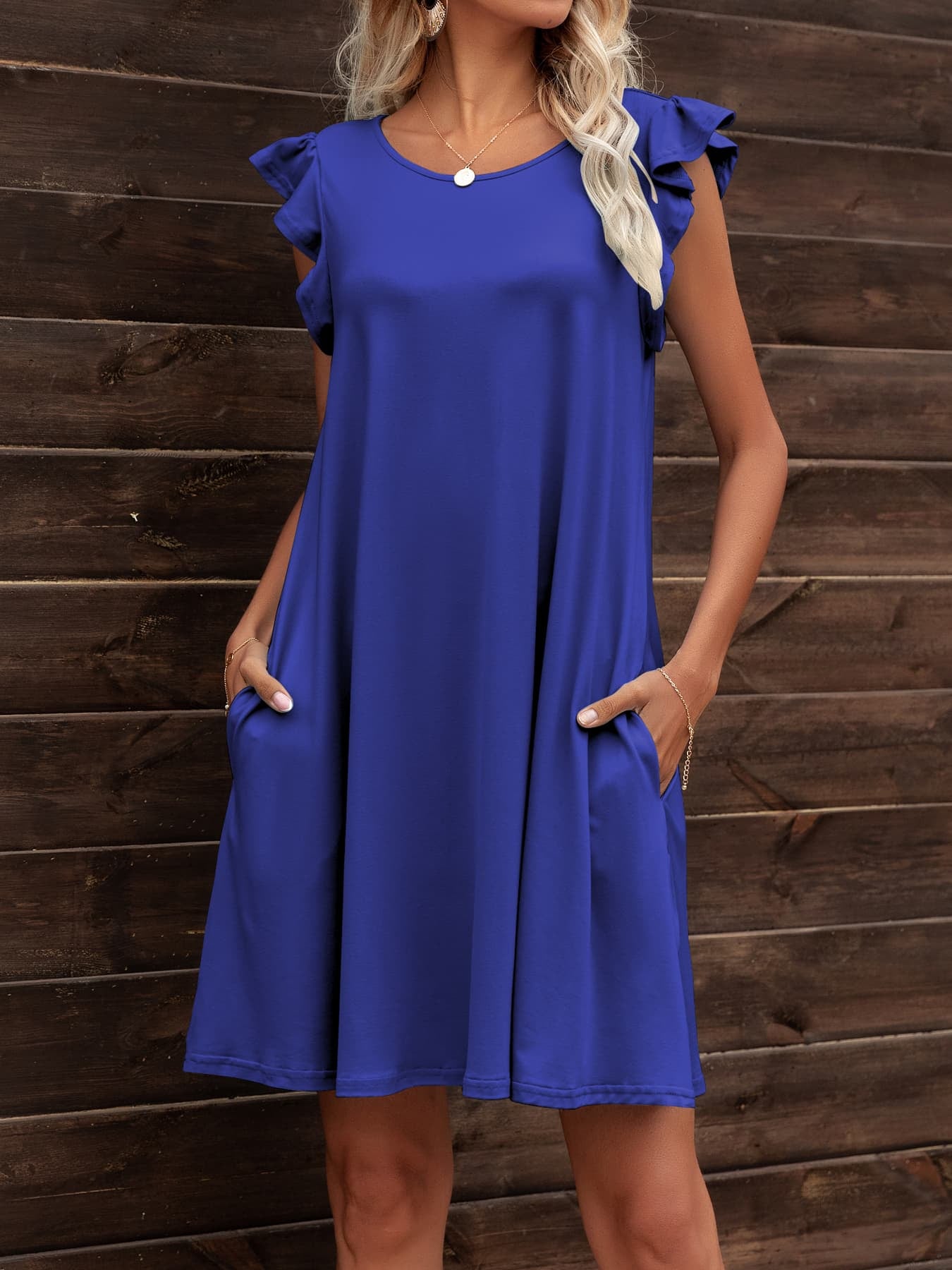 Women’s Round Neck Flutter Sleeve Dress with Pockets