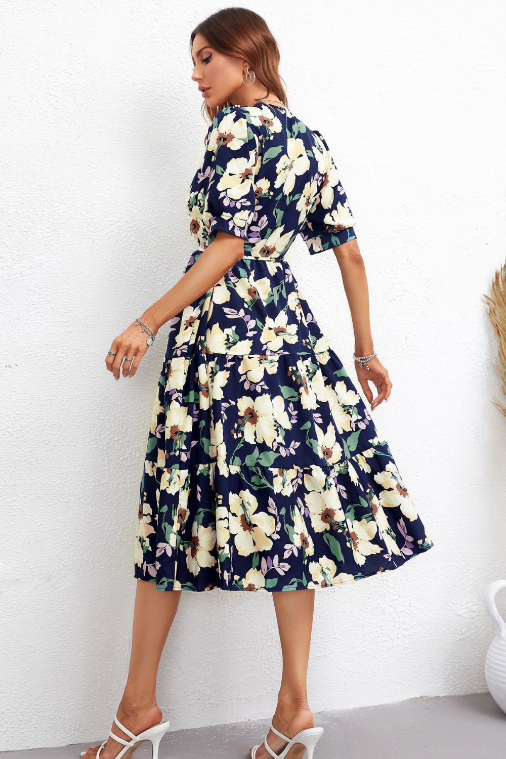Women’s Floral Collared Neck Tiered Midi Dress