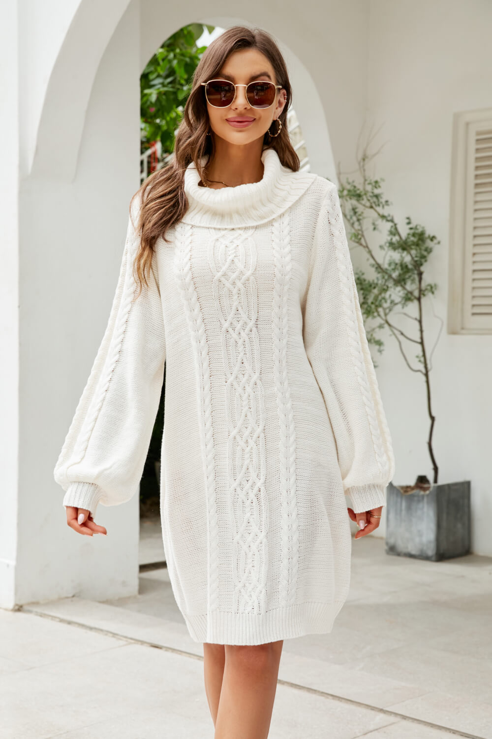 Women’s Mixed Knit Turtleneck Lantern Sleeve Sweater Dress