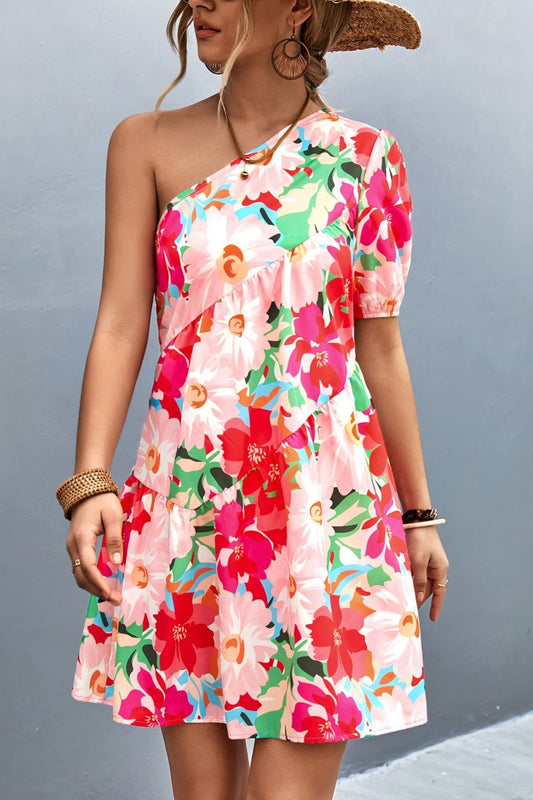 Women’s Floral One-Shoulder Puff Sleeve Dress