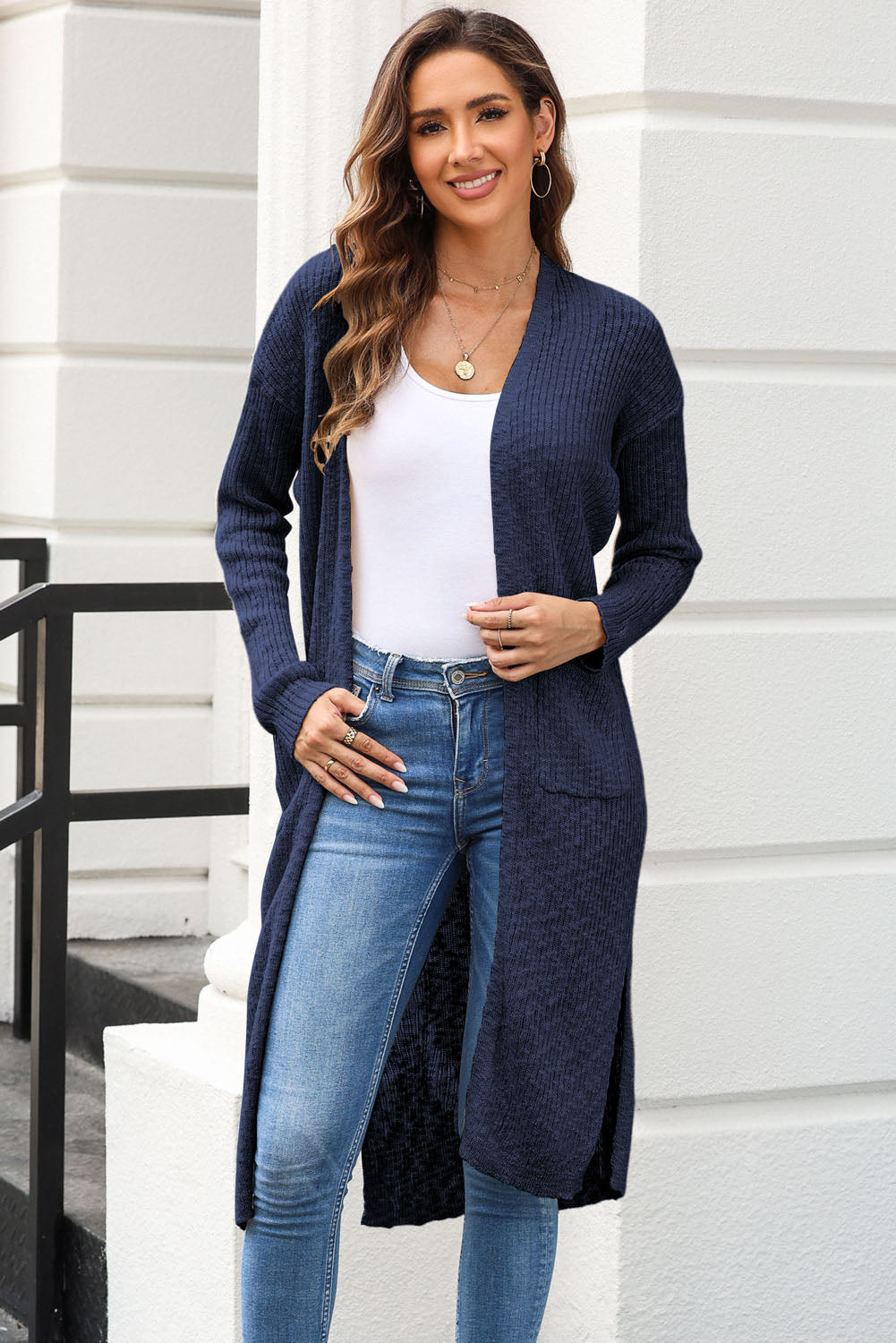 Women’s Open Front Slit Cardigan with Pockets