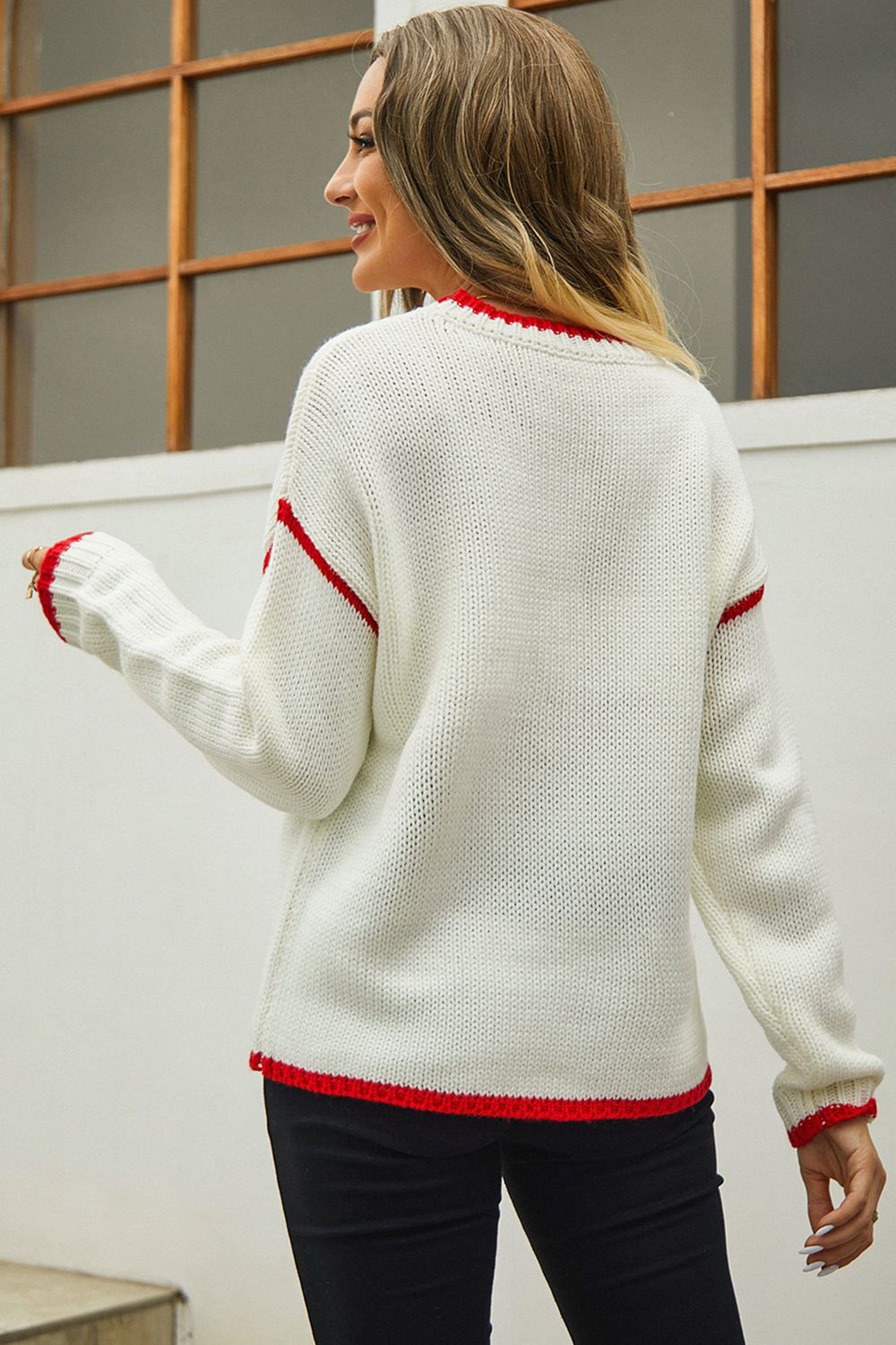 Women’s Round Neck Long Sleeve Waffle-Knit Sweater