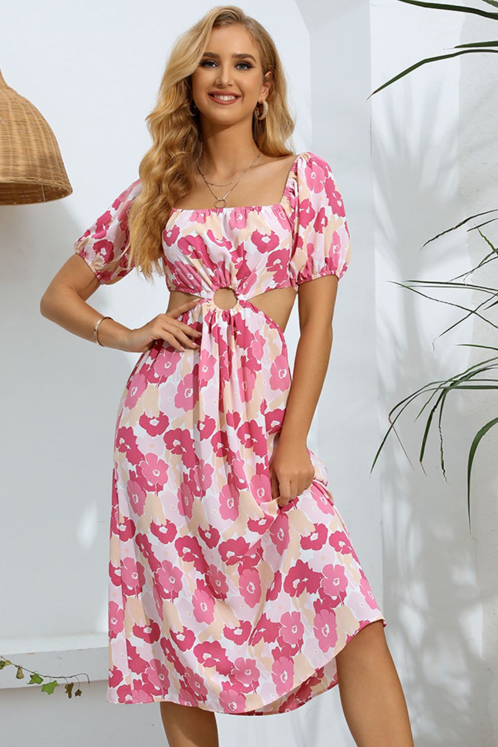 Women’s Floral Cutout Square Neck Puff Sleeve Dress