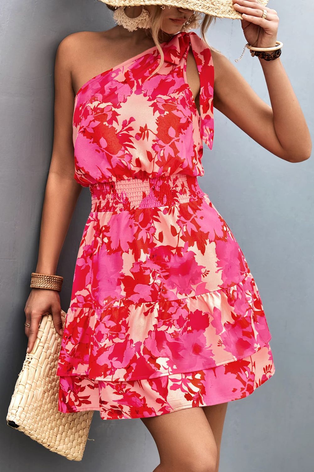 Women’s Floral Smocked Waist Tied One-Shoulder Dress