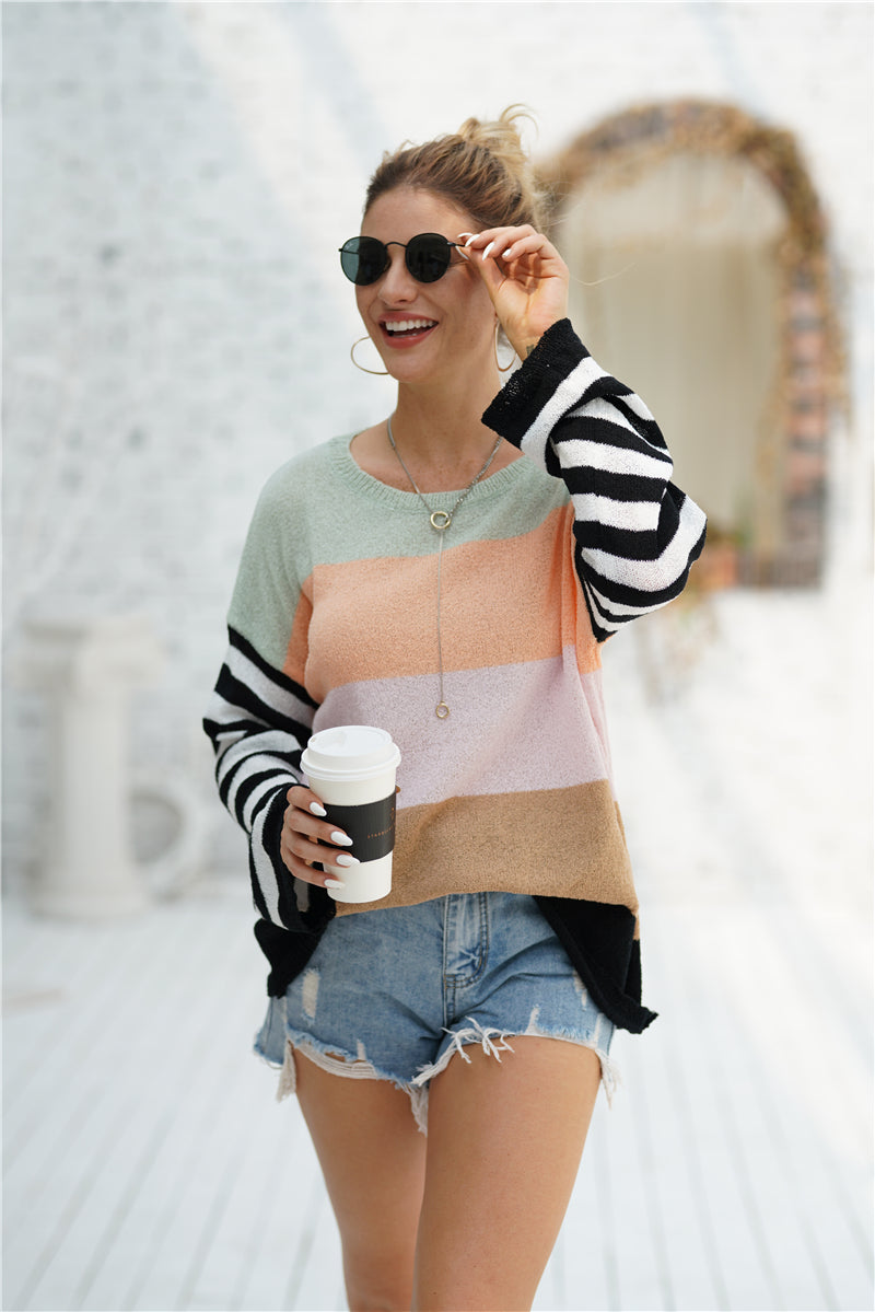 Women’s Striped Ribbed Trim Bell Sleeve Sweater