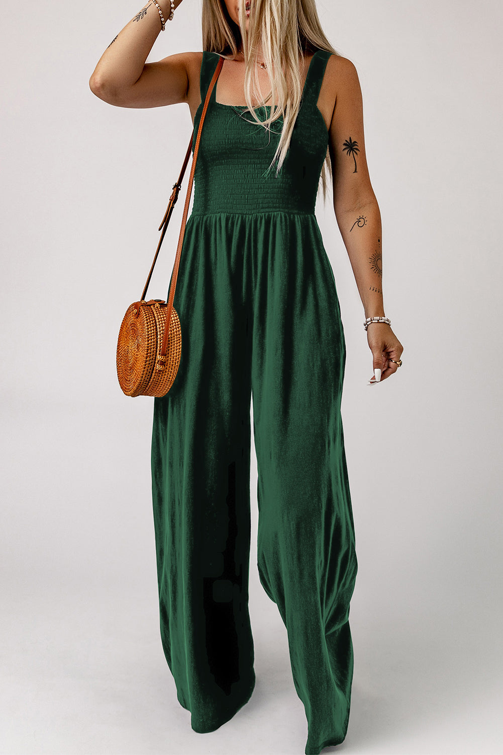 Women’s Smocked Square Neck Wide Leg Jumpsuit with Pockets