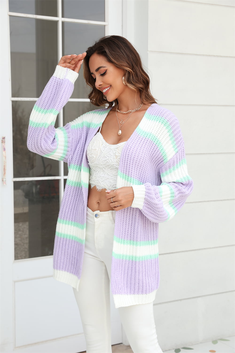 Women’s Color Block Ribbed Dropped Shoulder Open Front Cardigan