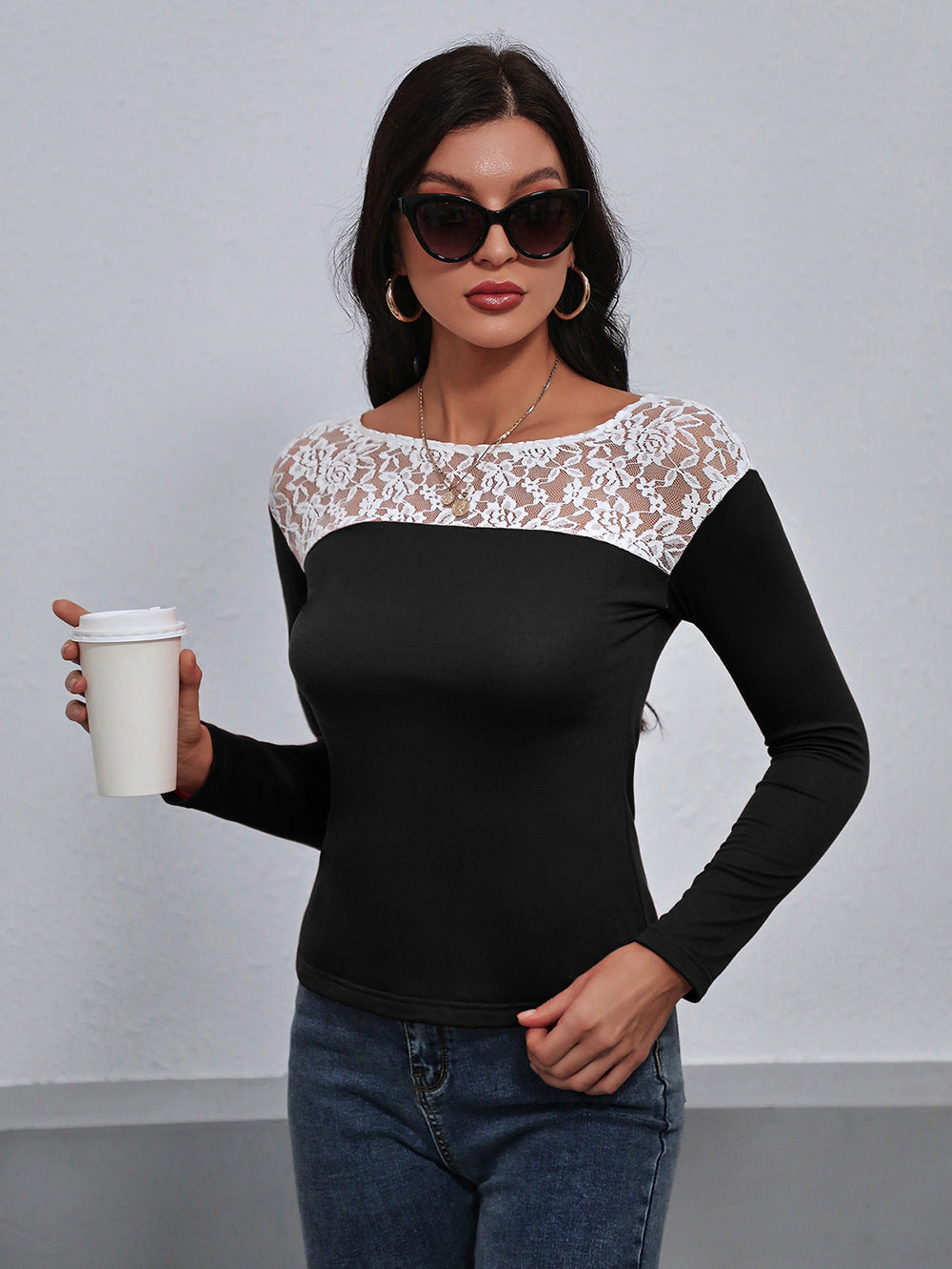 Women’s Lace Trim Long Sleeve Round Neck Tee