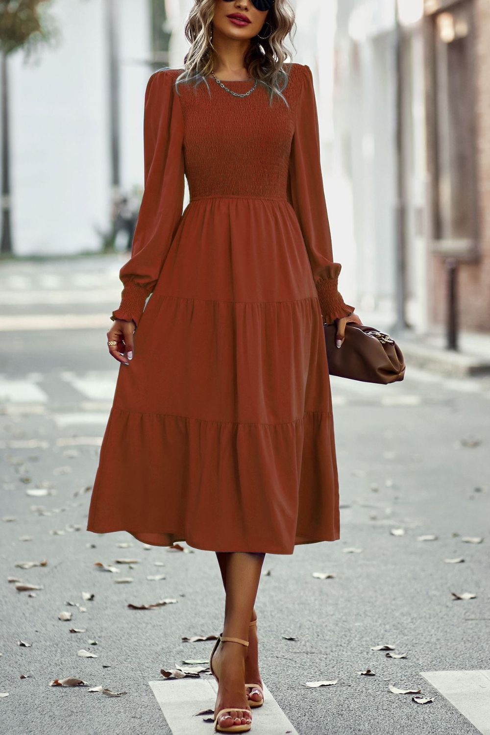 Women’s Smocked Long Puff Sleeve Tiered Midi Dress