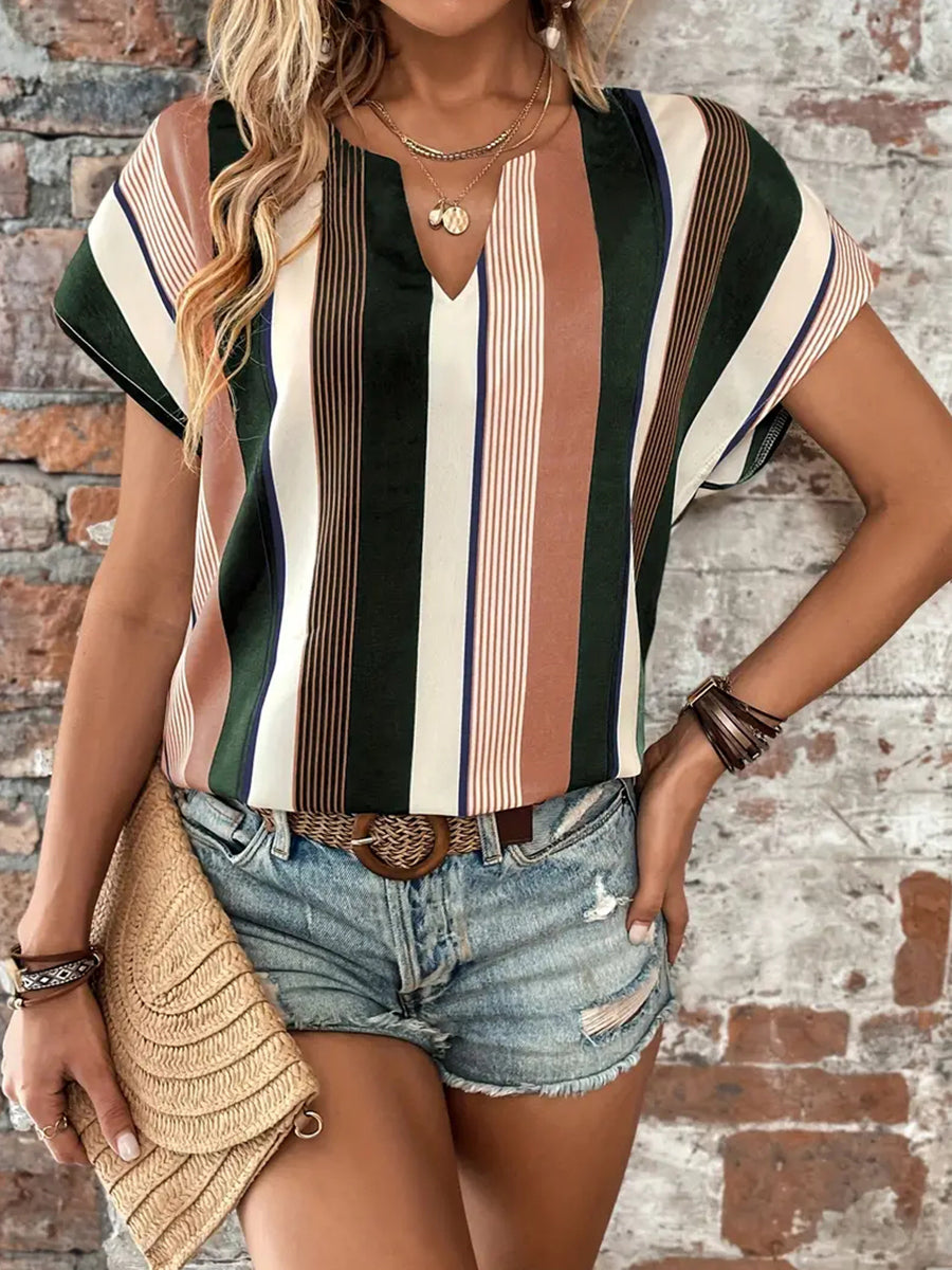 Women’s Striped Notched Neck Short Sleeve Blouse