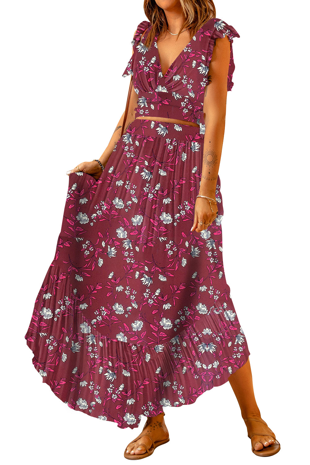 Women’s Printed Tie Back Cropped Top and Maxi Skirt Set