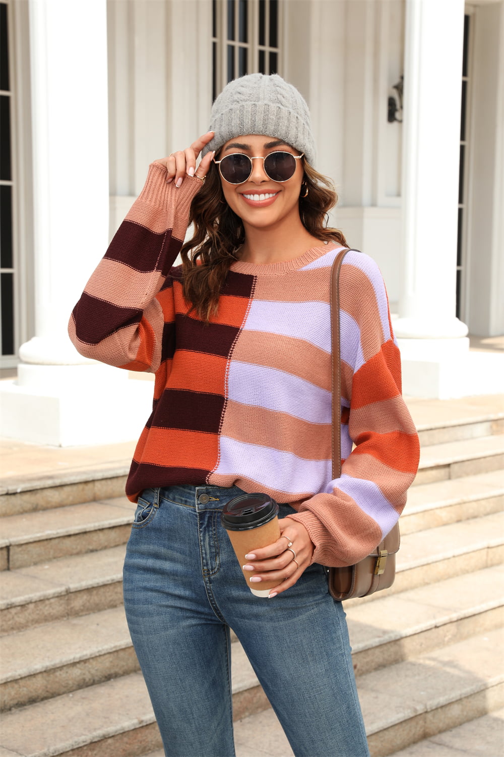 Women’s Round Neck Long Sleeve Color Block Dropped Shoulder Pullover Sweater