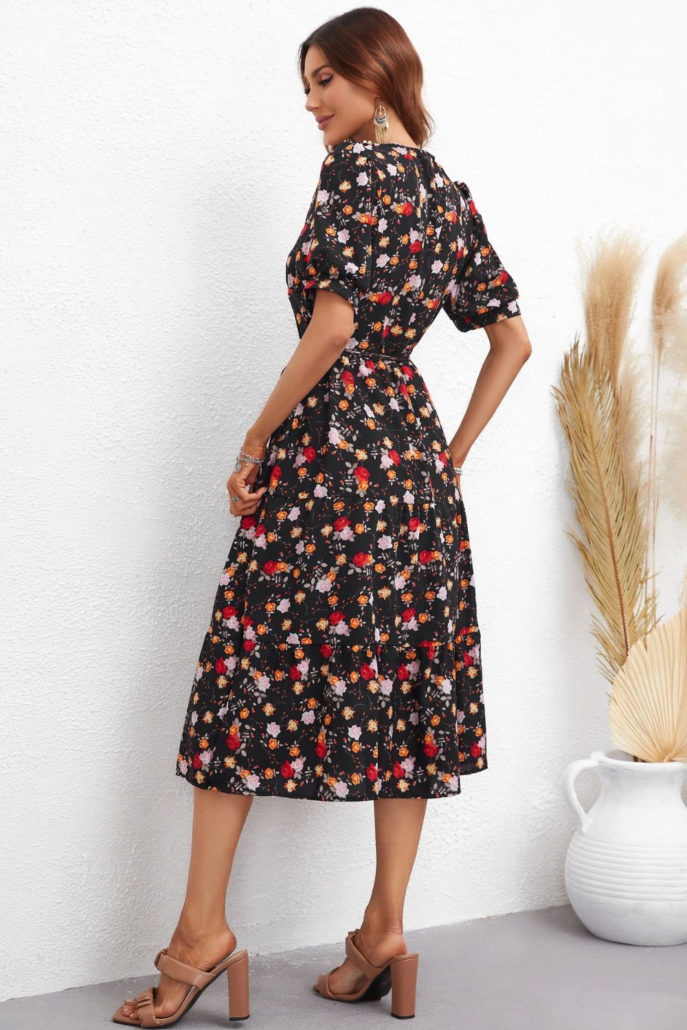 Women’s Floral Collared Neck Puff Sleeve Dress