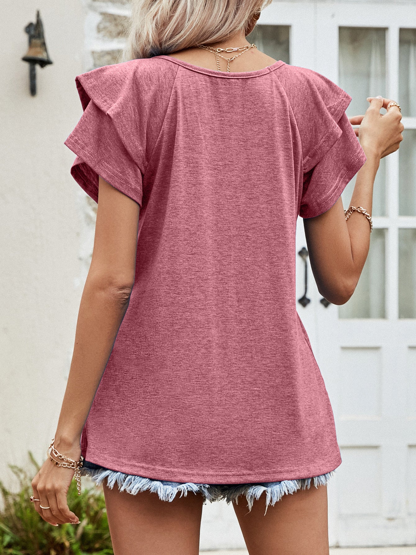 Women’s Layered Flutter Sleeve V-Neck Top