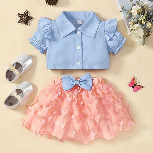 Children’s Girls Ruffle Shoulder Shirt and Butterfly Applique Skirt Set