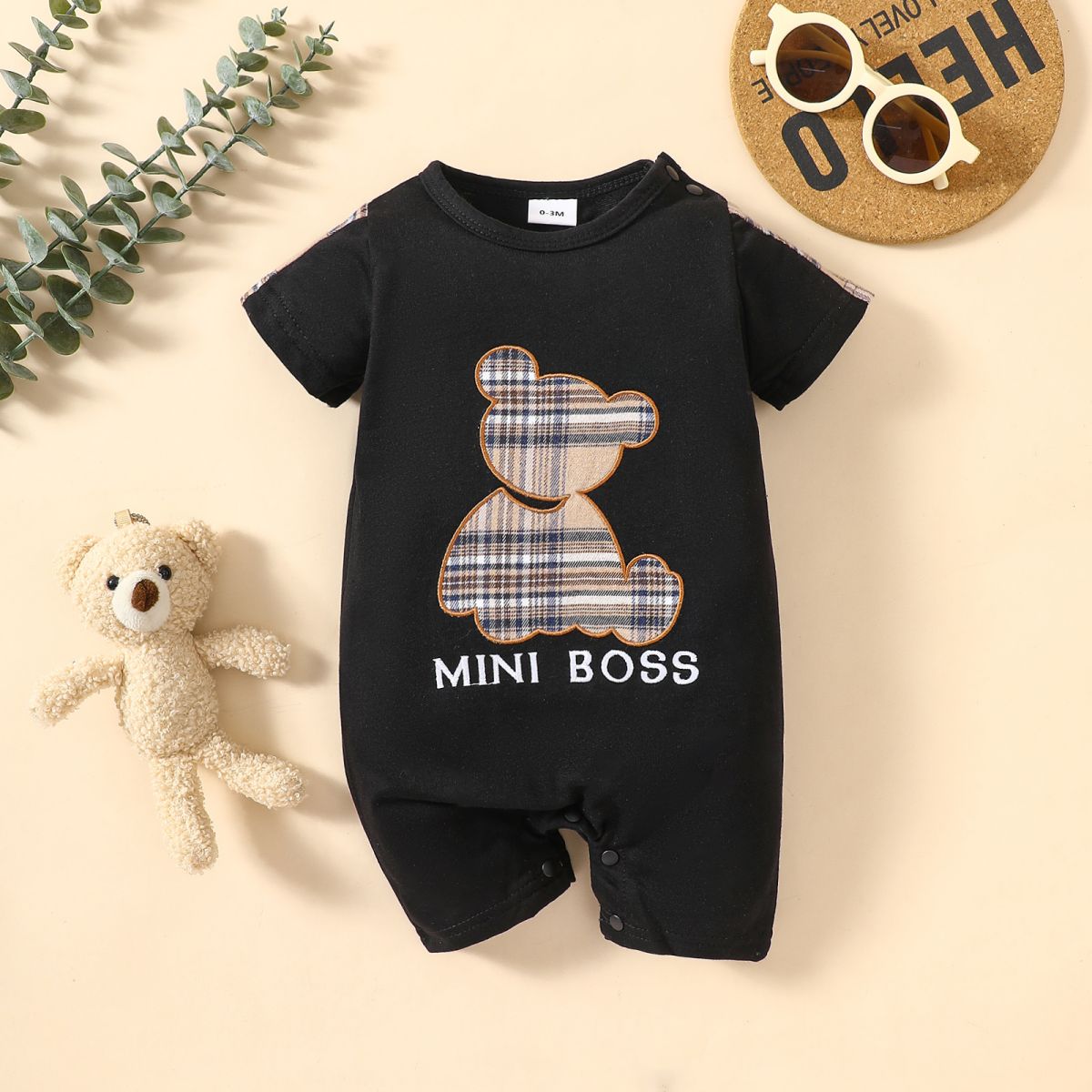 Children’s Boys Girls MINI BOSS Bear Graphic Short Sleeve Romper