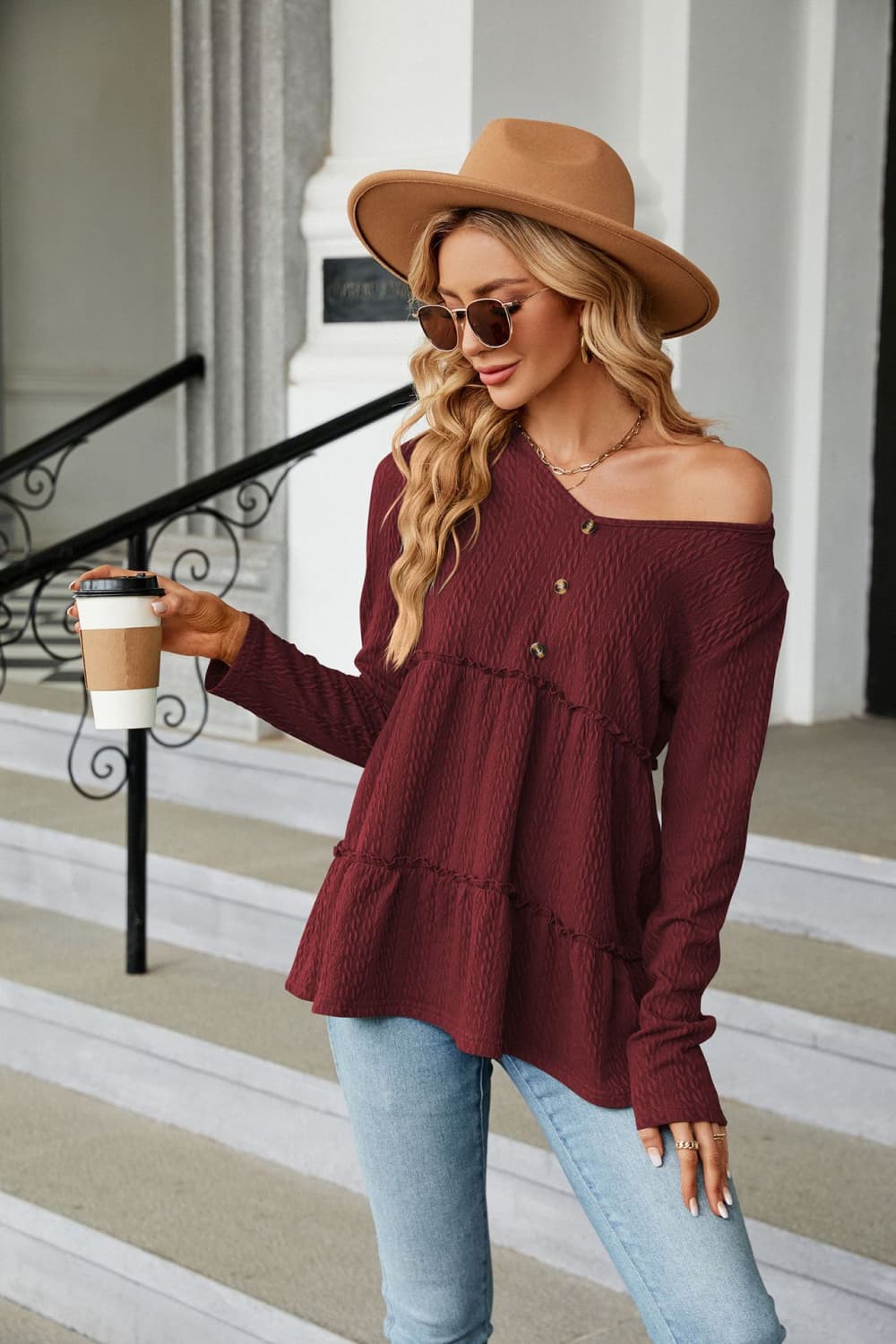 Women’s Long Sleeve V-Neck Cable-Knit Blouse
