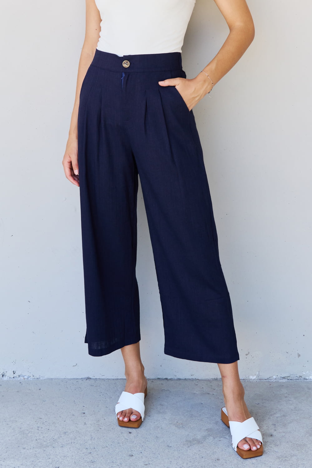 Women’s And The Why In The Mix Full Size Pleated Detail Linen Pants in Dark Navy