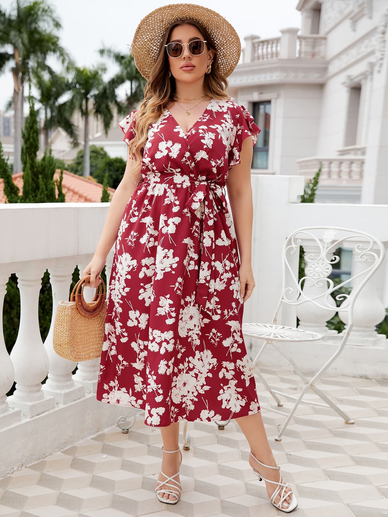 Women’s Plus Size Floral Tie Waist Surplice Neck Midi Dress