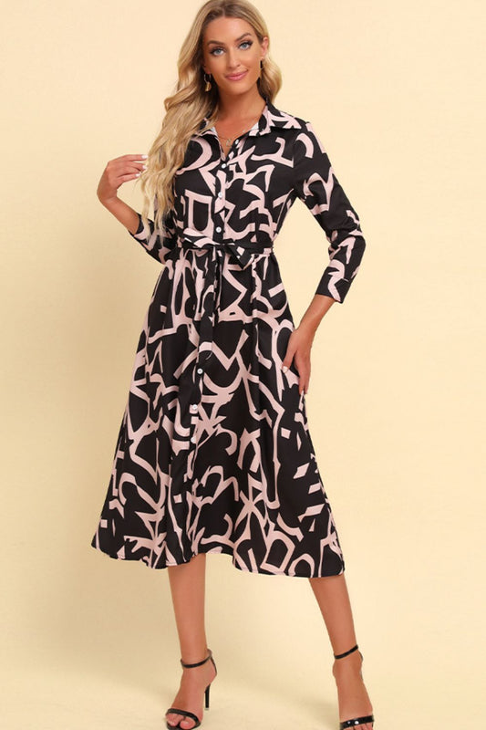 Women’s Printed Button Front Belted Midi Dress