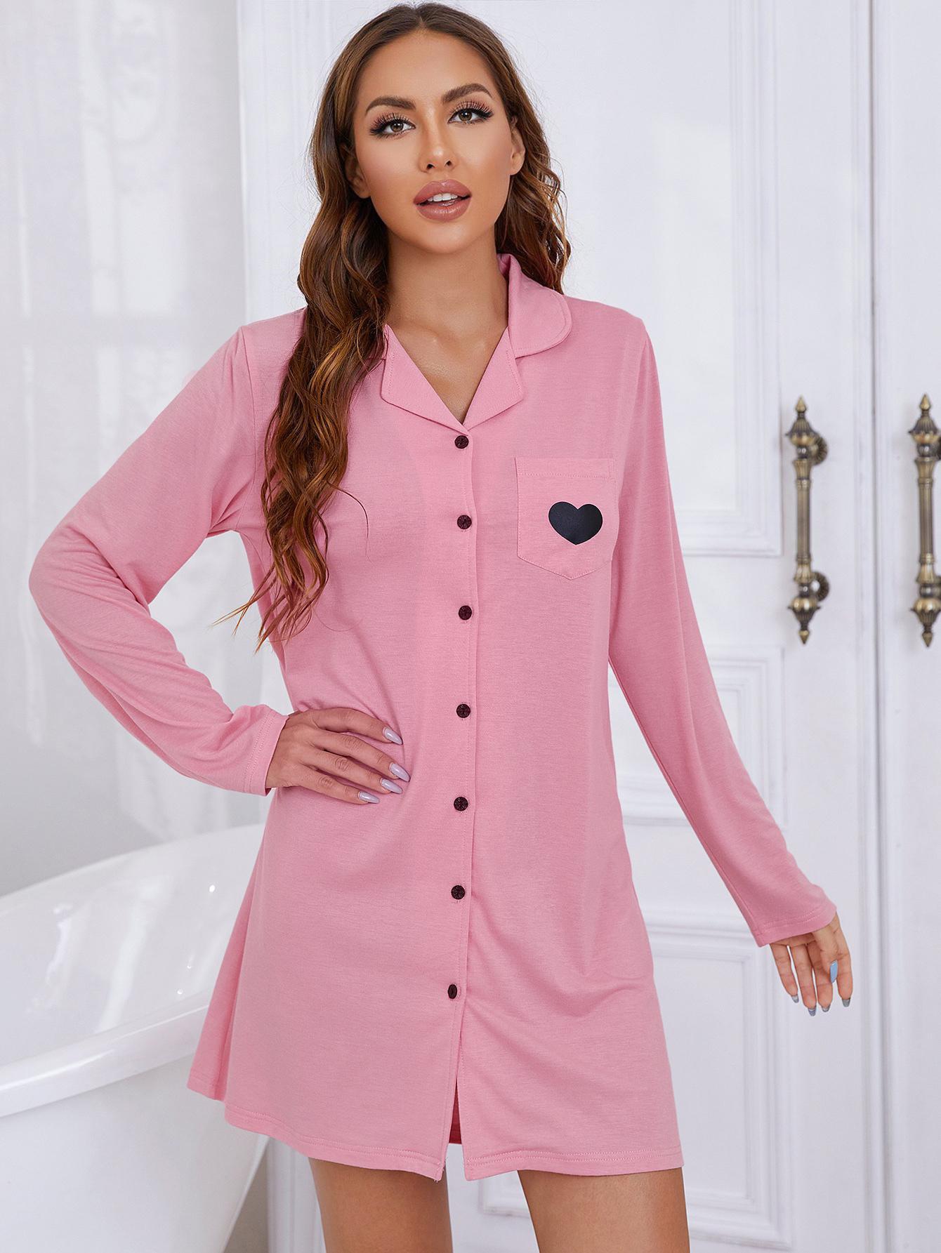 Women’s Heart Graphic Lapel Collar Long Sleeve Night Dress