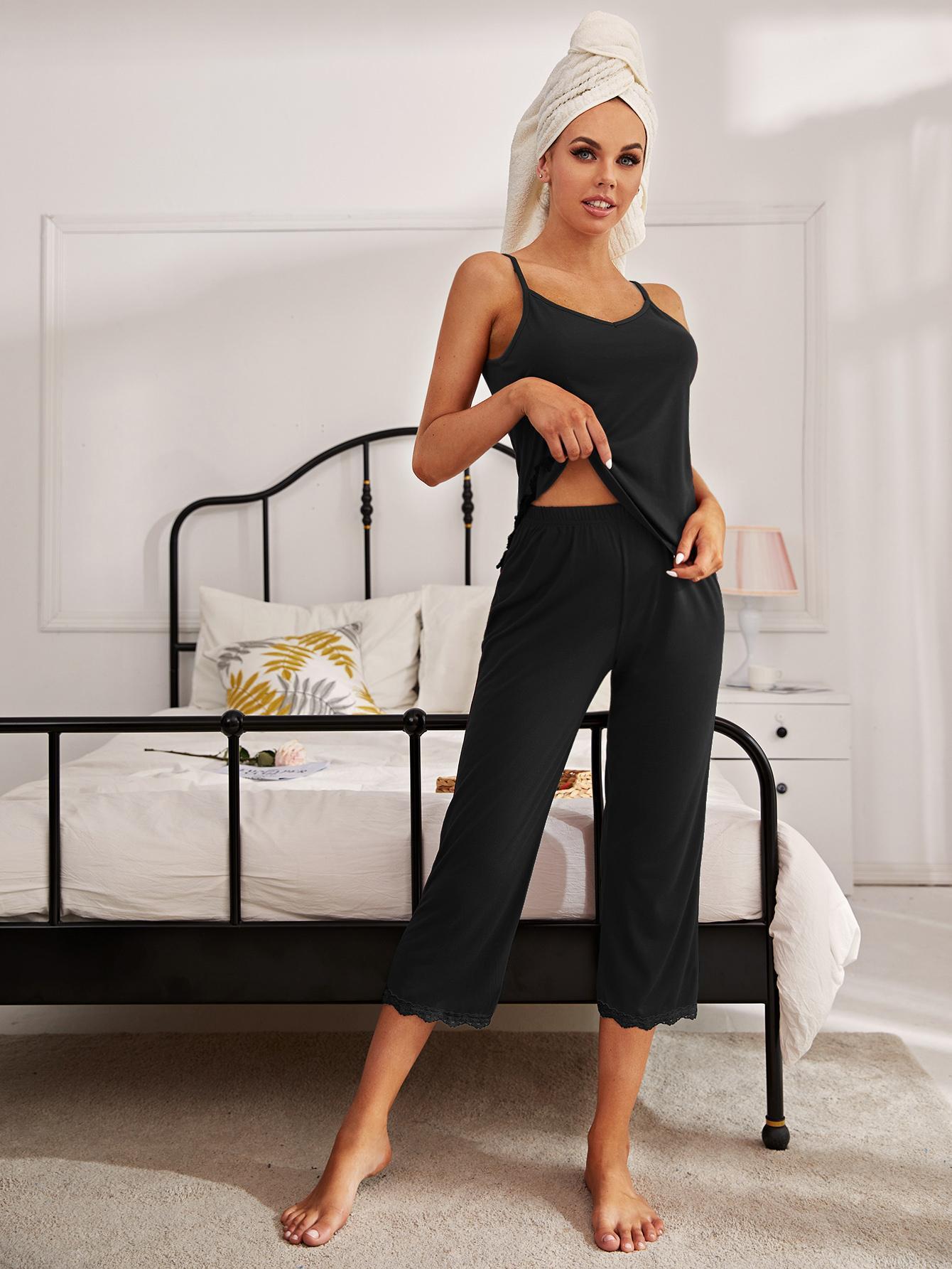 Women’s V-Neck Lace Trim Slit Cami and Pants Pajama Set