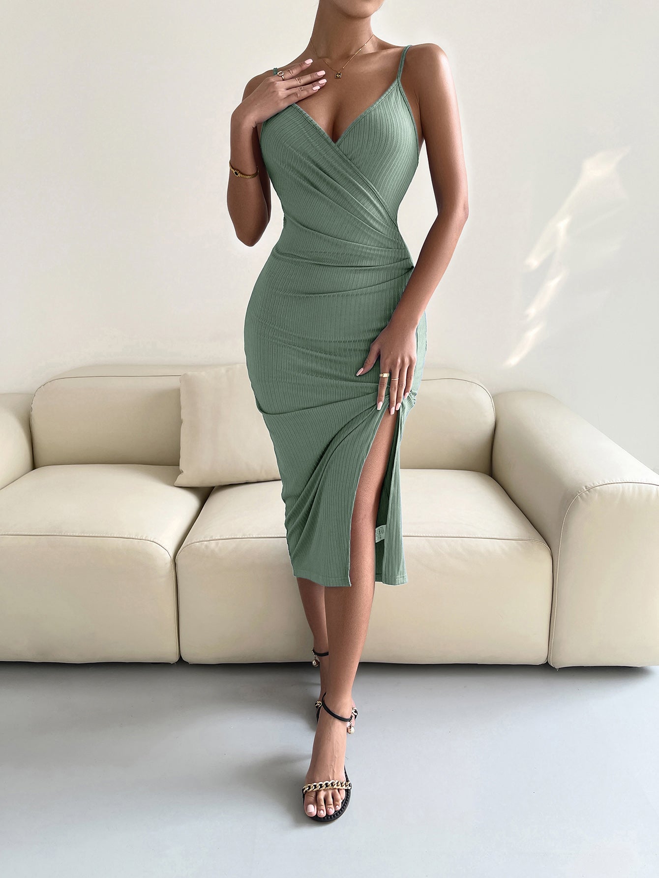 Women’s Spaghetti Strap Surplice Neck Slit Dress