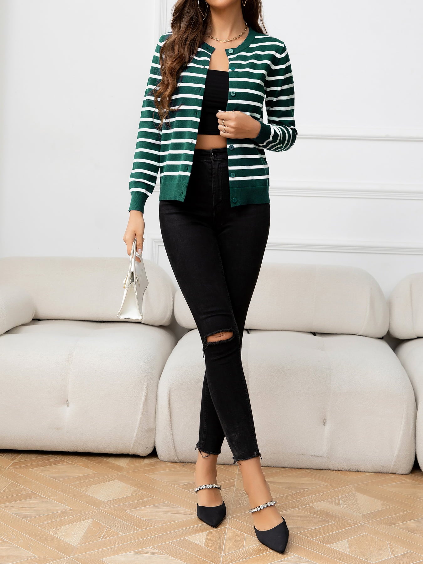 Women’s Striped Round Neck Long Sleeve Buttoned Knit Top