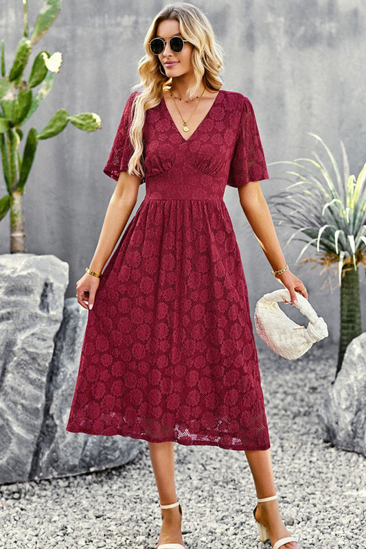 Women’s V-Neck Puff Sleeve Lace Midi Dress