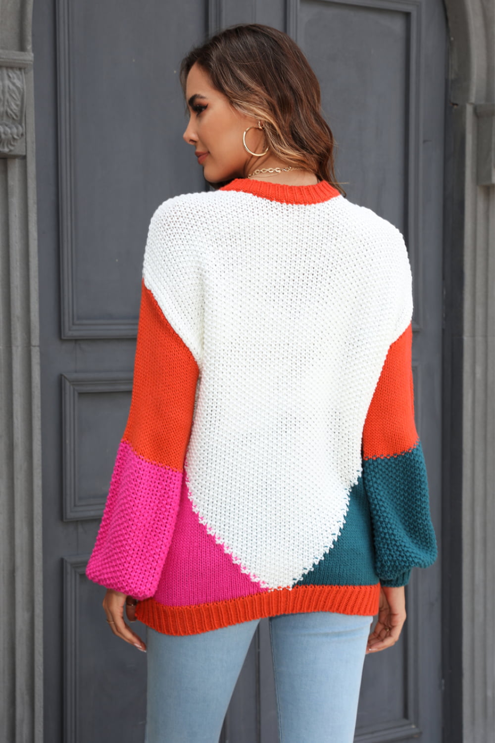 Women’s Color Block Round Neck Drop Shoulder Sweater