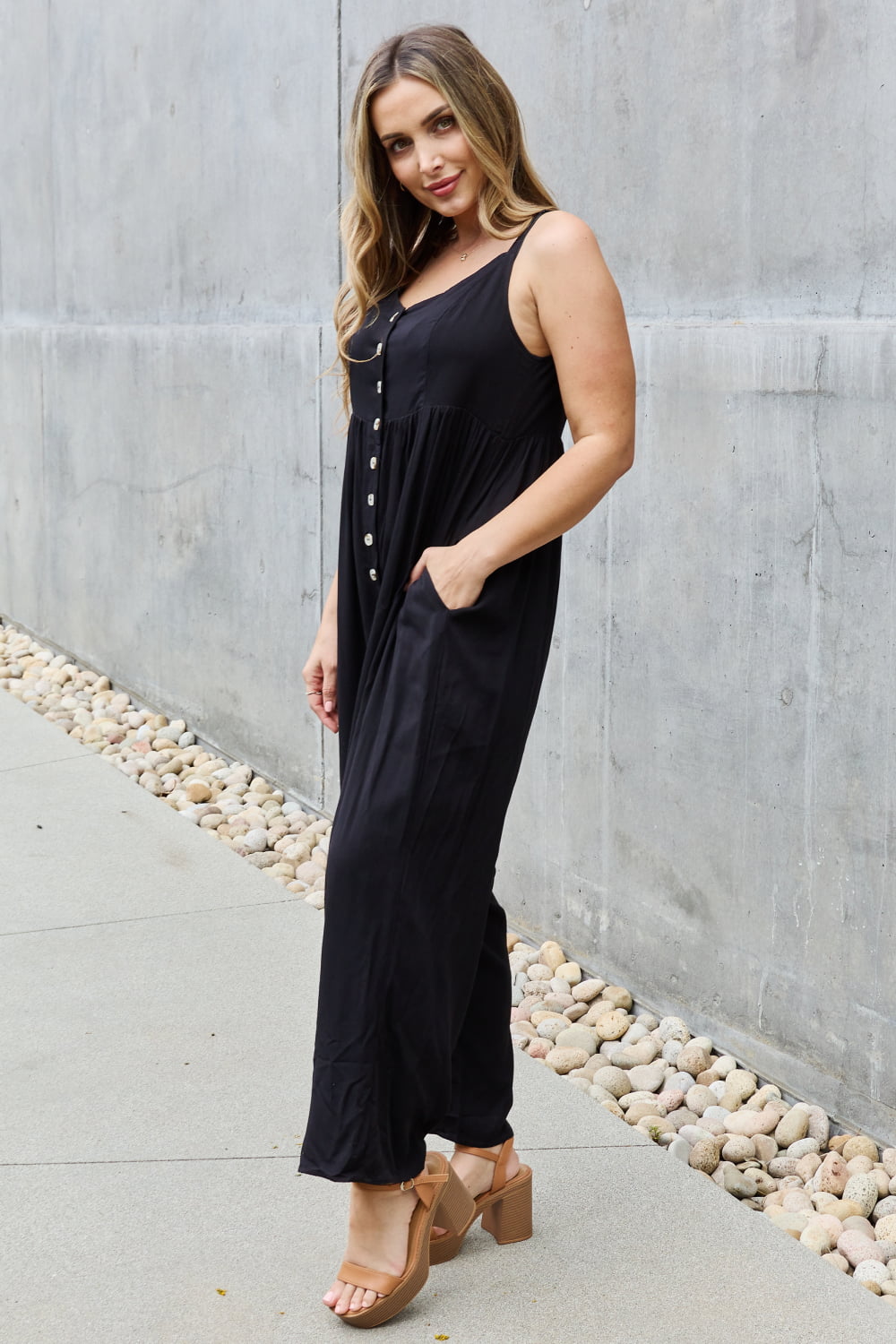 Women’s HEYSON All Day Full Size Wide Leg Button Down Jumpsuit in Black