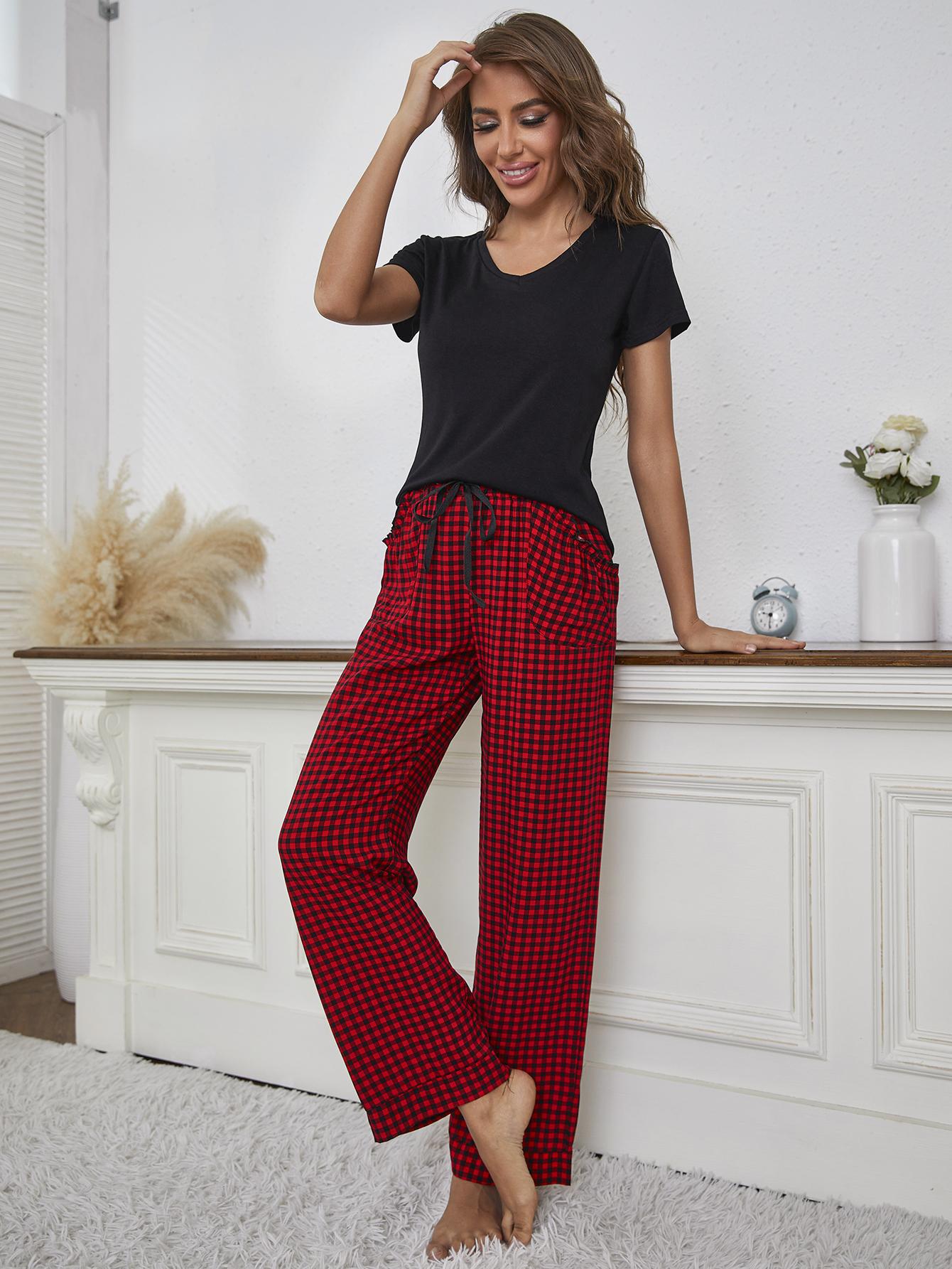 Women’s V-Neck Top and Gingham Pants Lounge Set