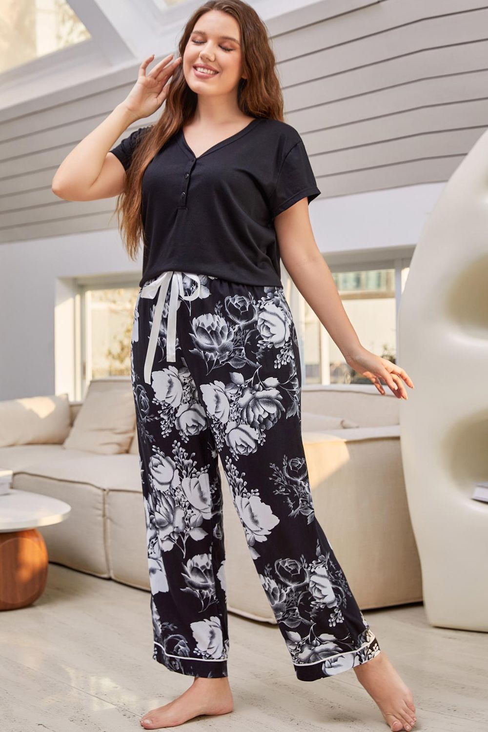 Women’s Full Size V-Neck Top and Floral Pants Lounge Set