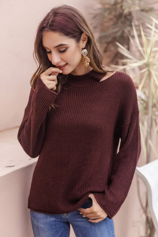 Women’s Round Neck Cutout Dropped Shoulder Sweater