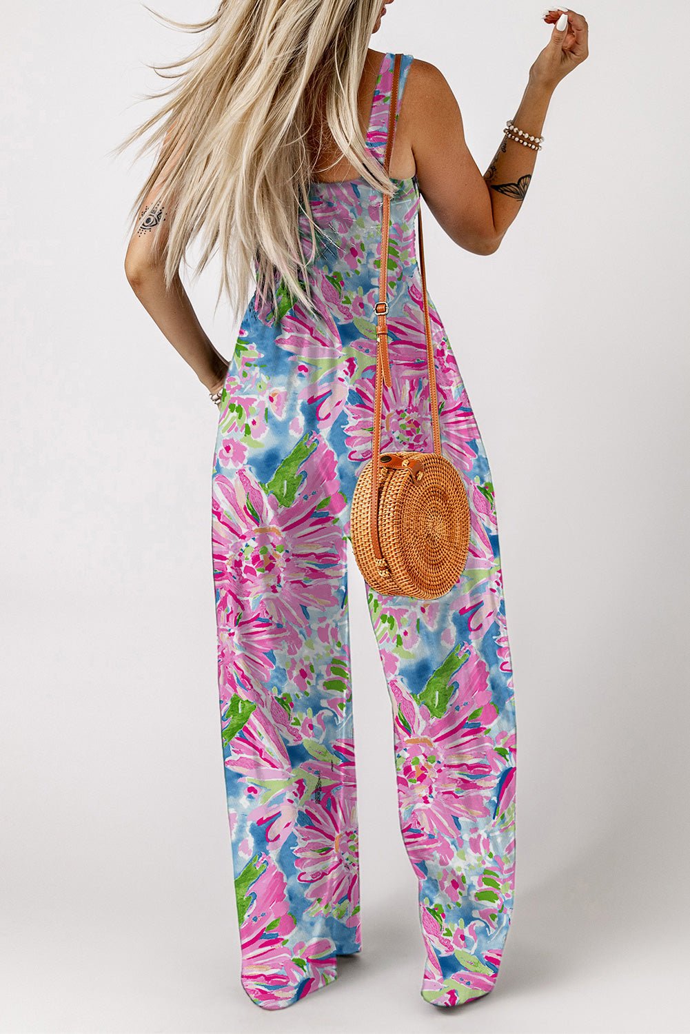 Women’s Floral Smocked Square Neck Jumpsuit with Pockets