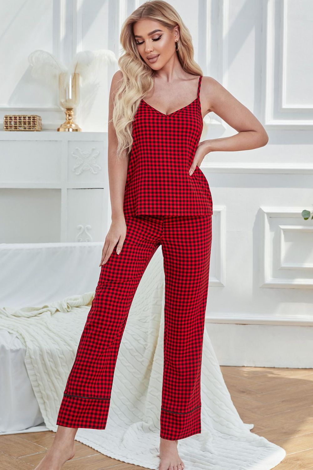 Women’s Gingham V-Neck Cami and Tied Pants Lounge Set