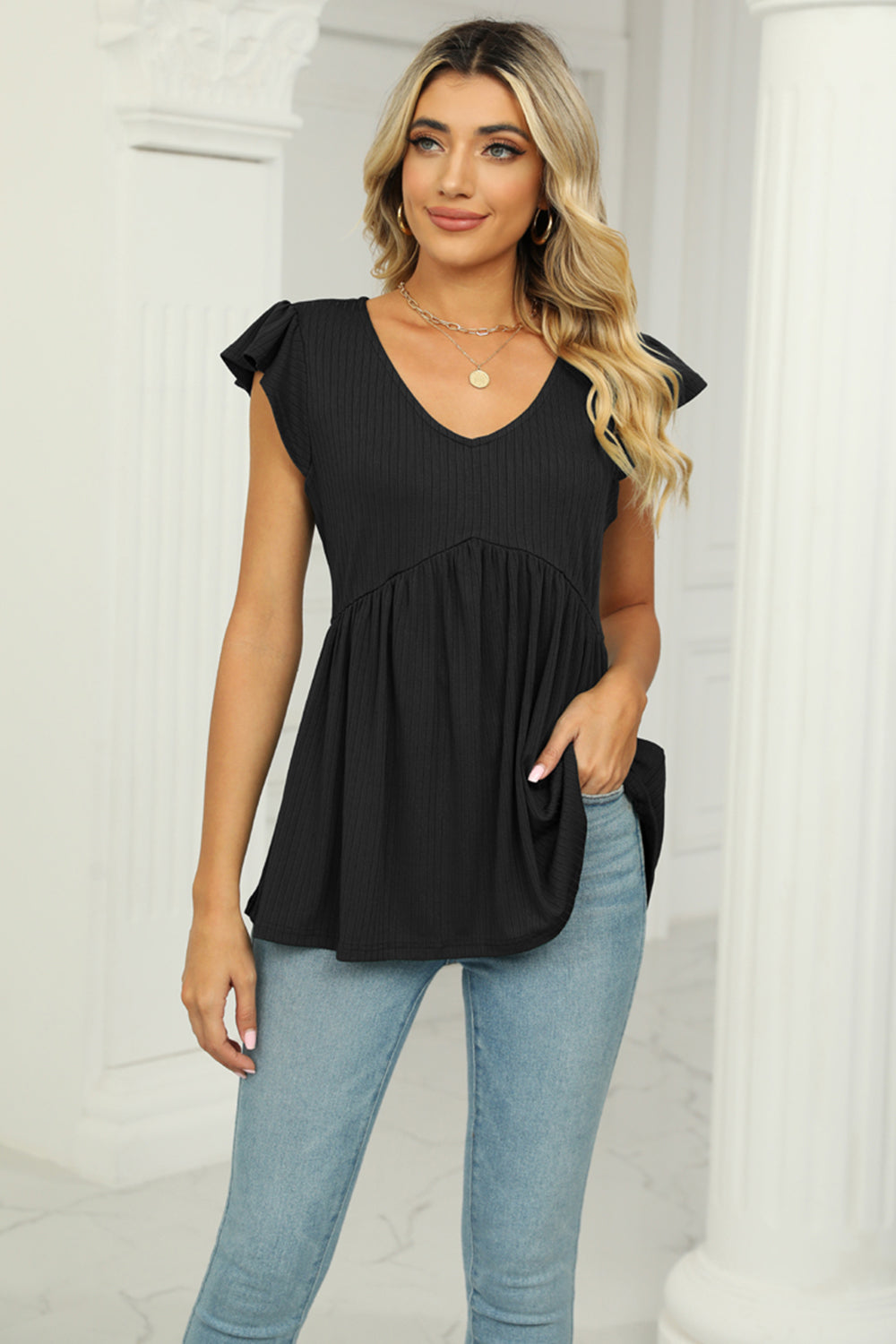 Women’s V-Neck Flutter Sleeve Babydoll Blouse