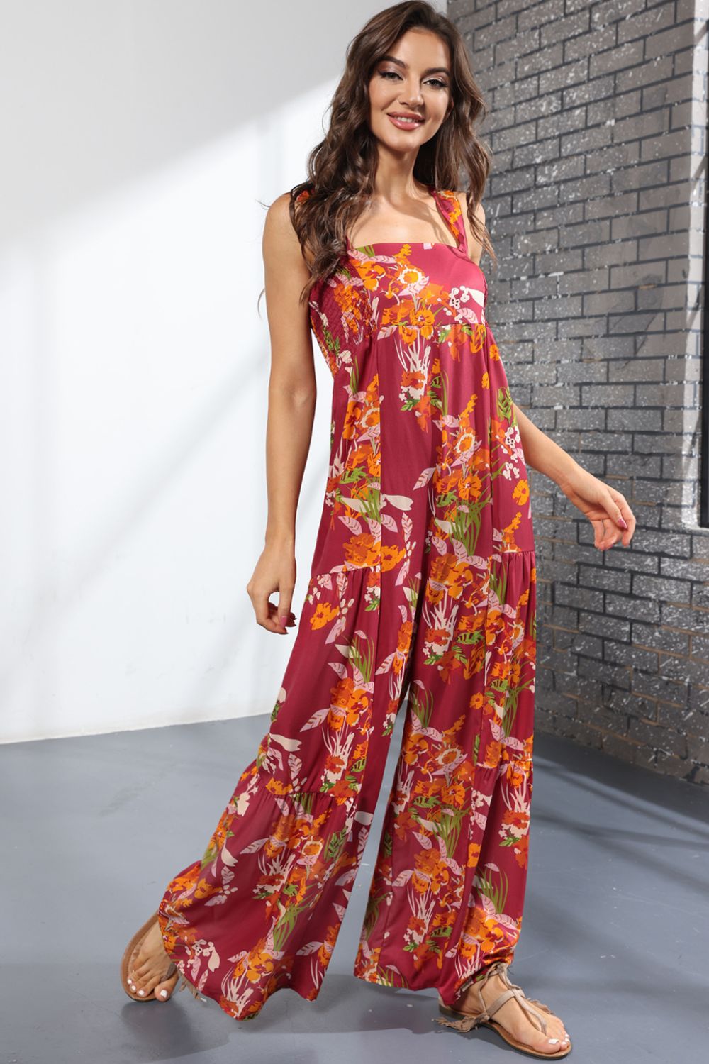 Women’s Floral Square Neck Wide Leg Jumpsuit