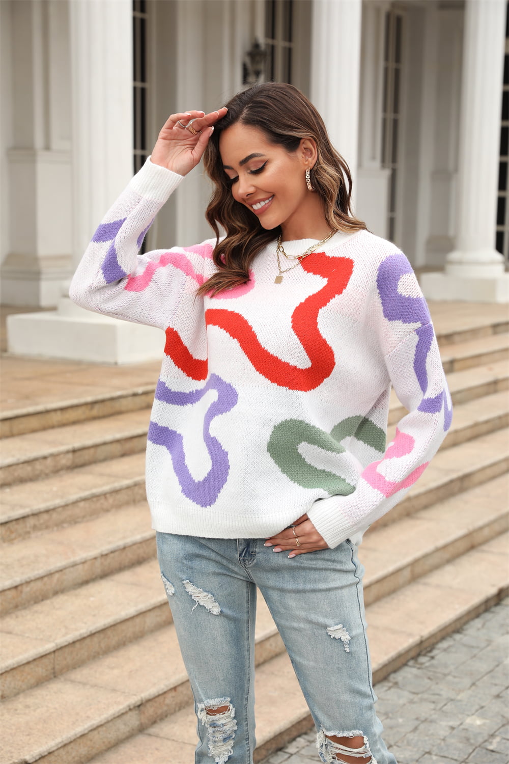 Women’s Printed Round Neck Dropped Shoulder Pullover Sweater