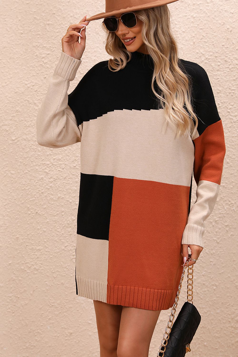 Women’s Color Block Mock Neck Dropped Shoulder Sweater Dress