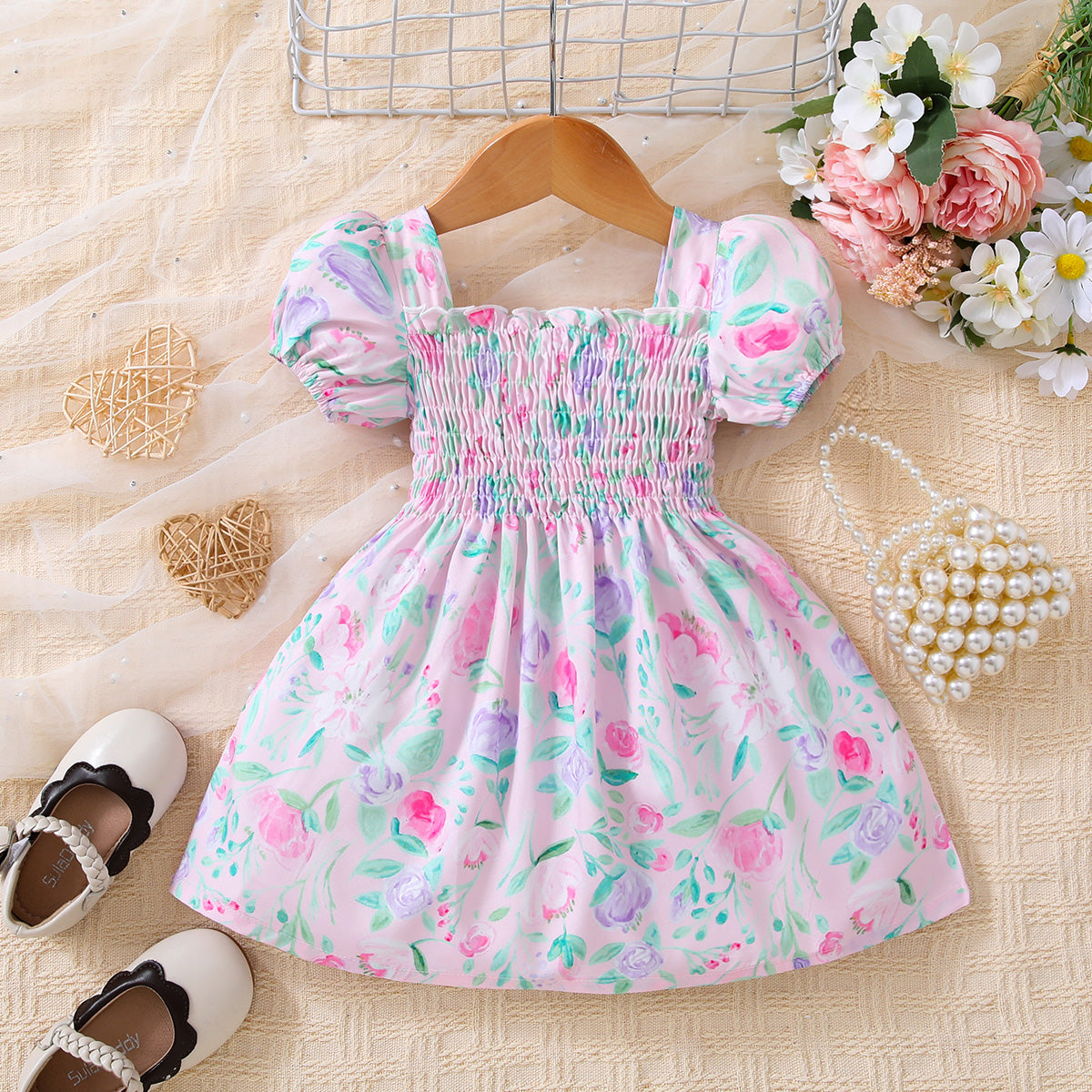 Children’s Girls Floral Ruffle Trim Smocked Dress