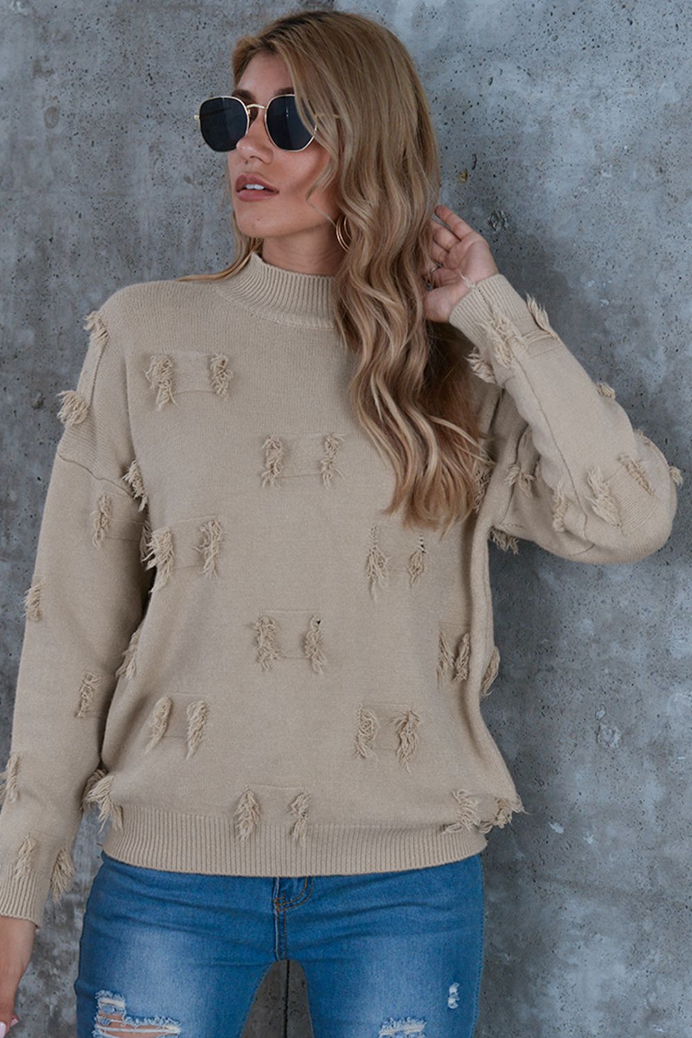 Women’s Mock Neck Frayed Trim Sweater